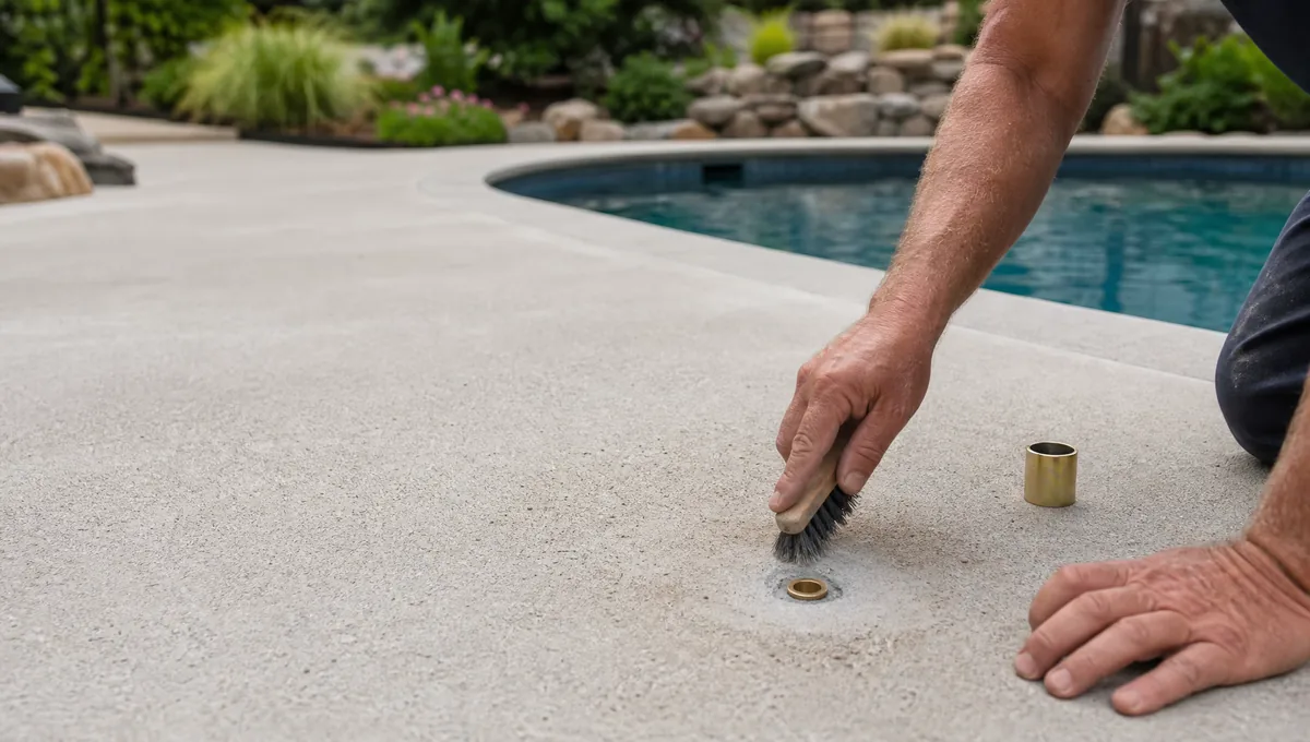 A brass cover anchor being set into a concrete pool deck