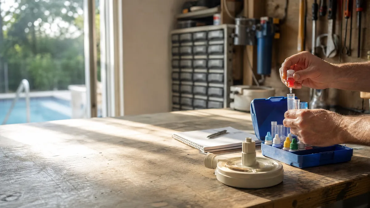 A workshop bench with a notebook, a pool part and a drop-tested cover sample
