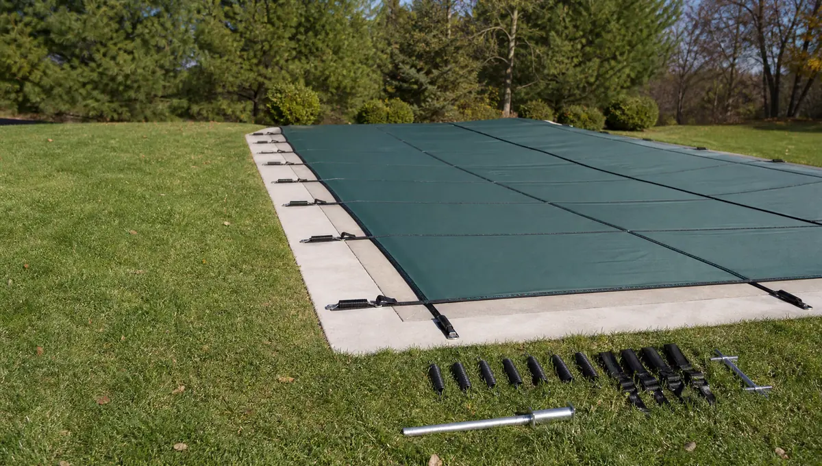 A safety cover spread flat on a lawn with its springs and straps laid out