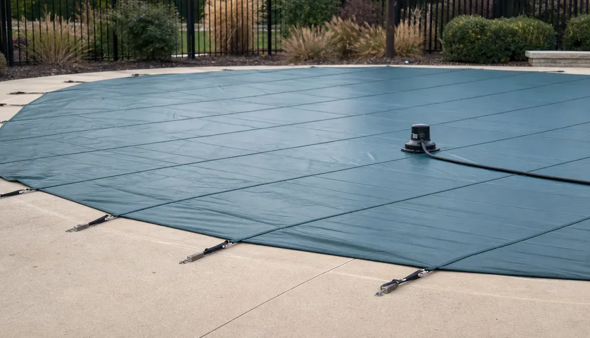 A solid safety cover on an in-ground pool