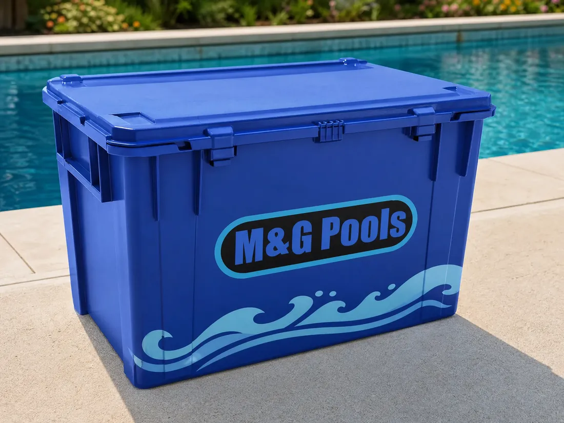 Branded M & G Pools equipment storage on a pool deck