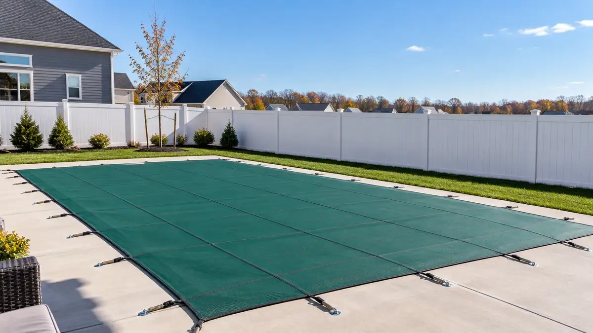 A safety cover anchored and tensioned around a pool perimeter