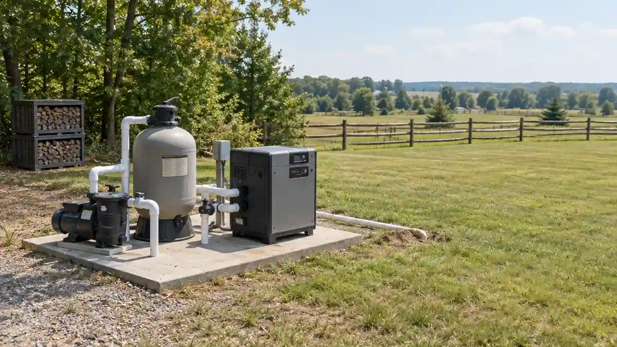 A pool equipment pad with pump, filter and heater
