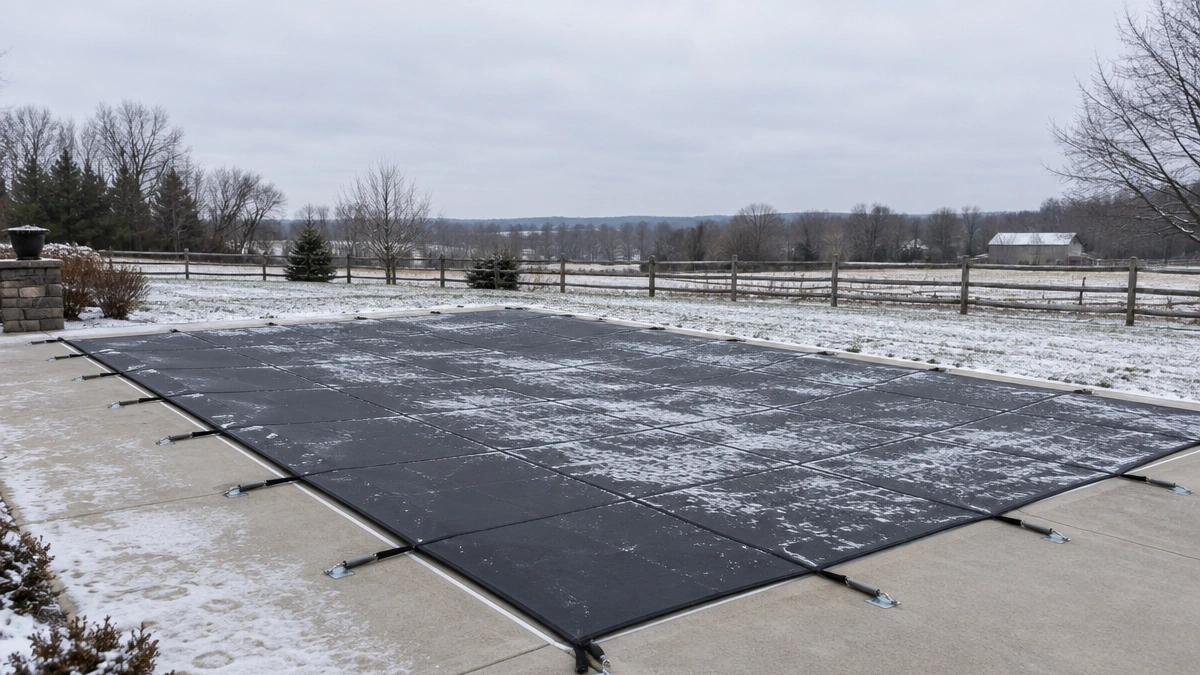 A safety cover anchored and tensioned around a pool perimeter