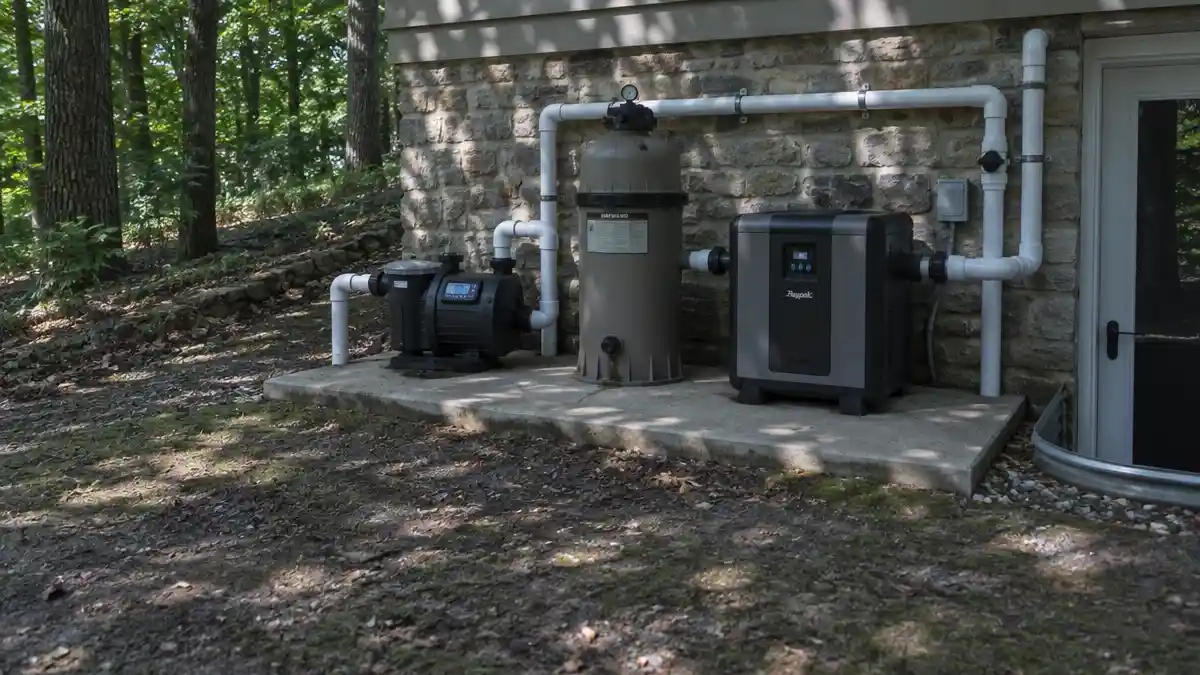 A pool equipment pad with pump, filter and heater