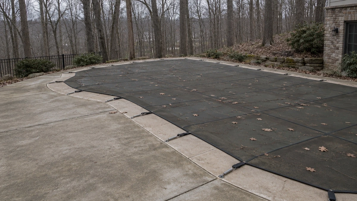 A safety cover anchored and tensioned around a pool perimeter