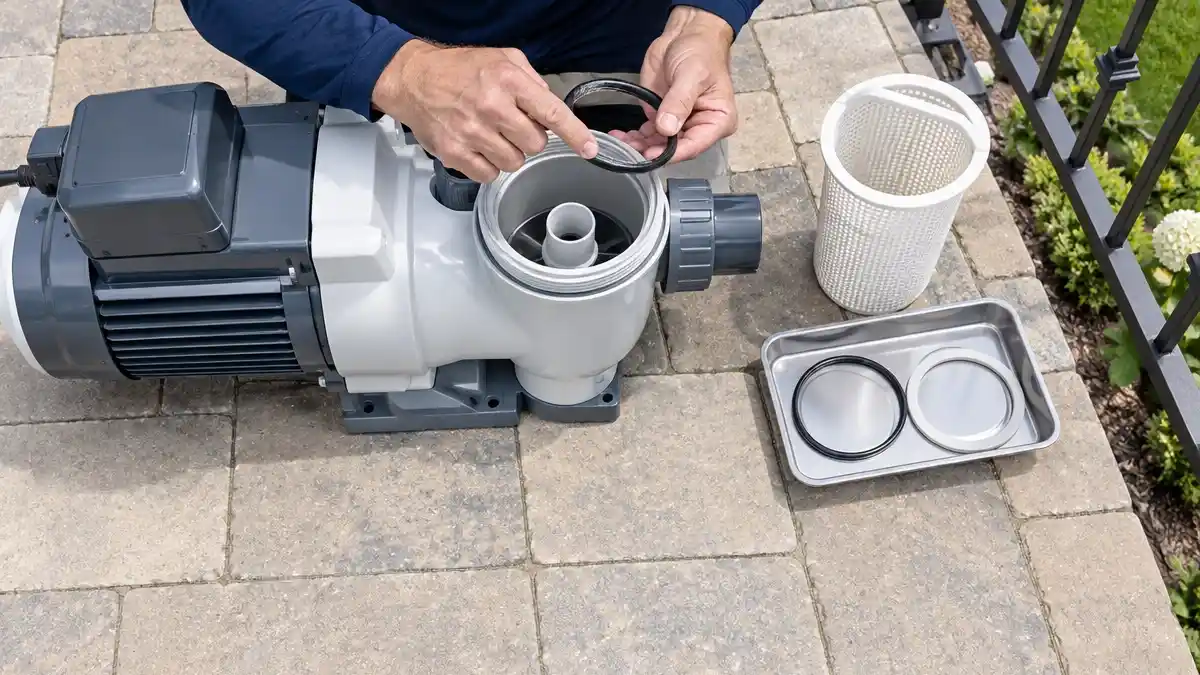 The wet end of a pool pump with the strainer pot lid removed