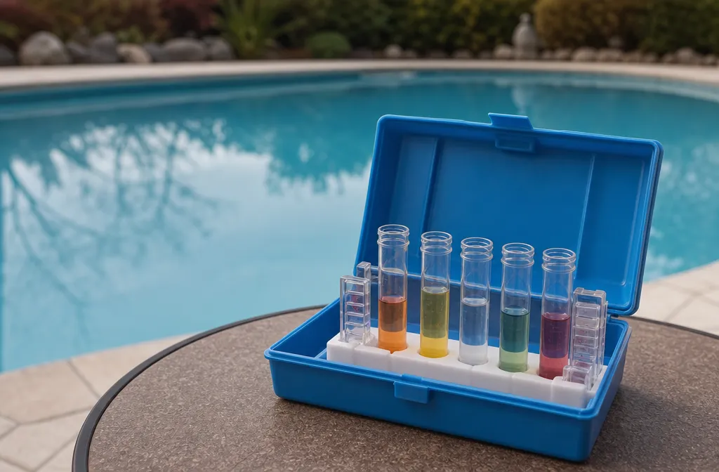 A drop-test kit open on a poolside table in early season, several graduated tubes part-filled with samples of different colours