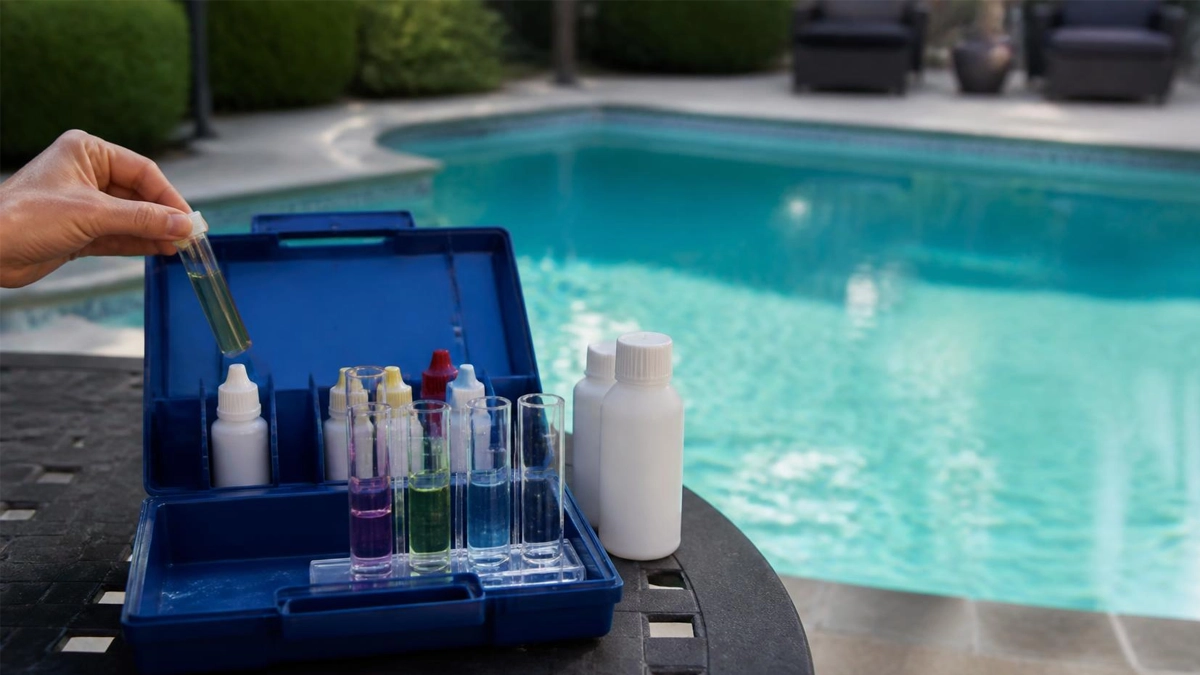 A full titration test kit laid out at the poolside
