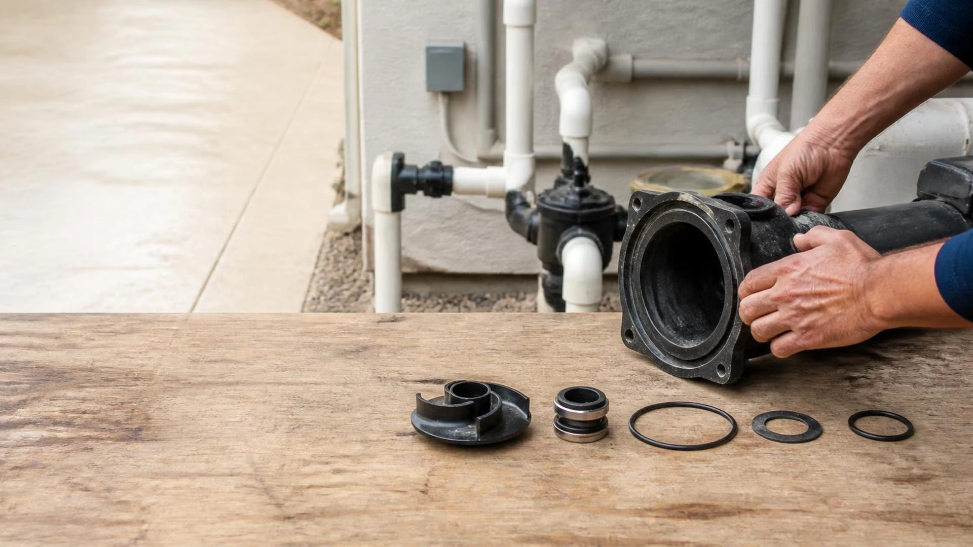 A pool pump wet end dismantled on a workbench with the impeller, seal and gaskets laid out in order