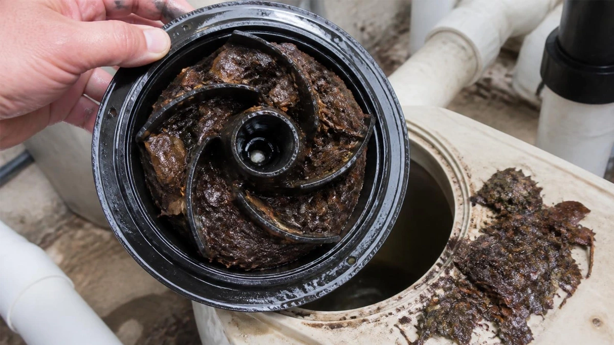 Leaf debris wedged between the vanes of a pool pump impeller