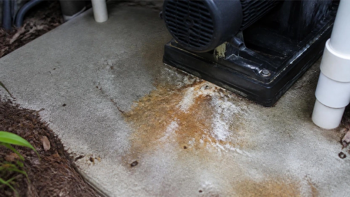 A rust stain on the pad beneath a pool pump motor, from a weeping shaft seal