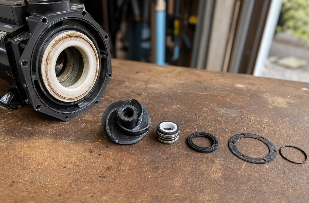 A pool pump wet end dismantled on a workbench with the impeller, seal and gaskets laid out in order