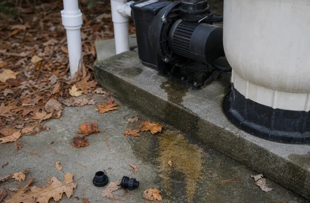 A pool equipment pad in late autumn with a drip stain under the pump motor and drain plugs laid out on leaf-strewn concrete