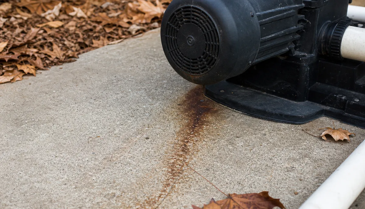 A dried drip trail under a pool pump motor