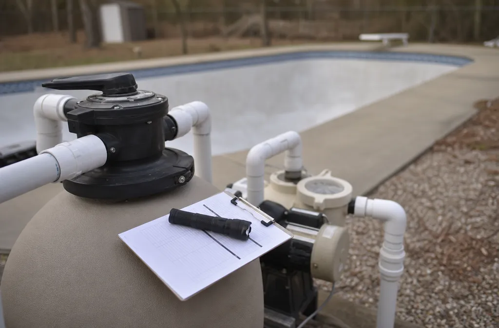 A dry pool equipment pad in early spring with a torch and clipboard resting on the filter, the pool empty of water behind