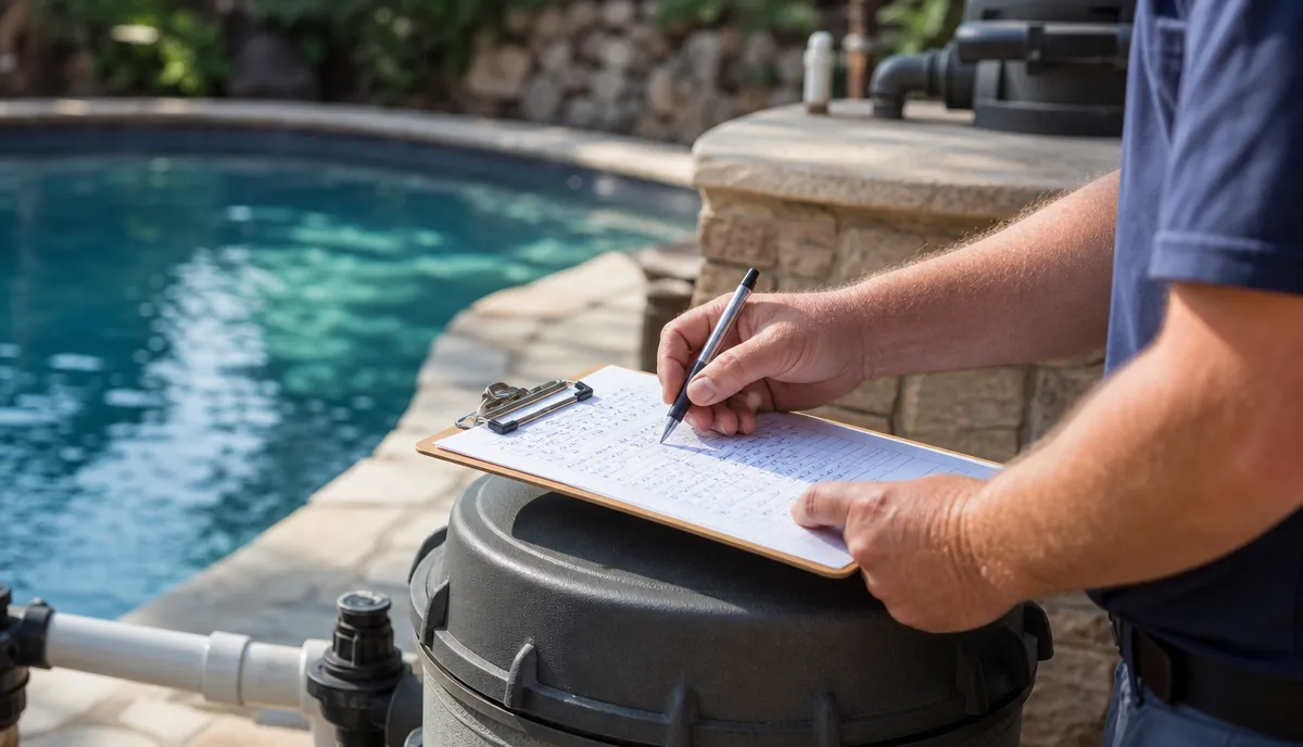 A completed pool service sheet on the equipment pad