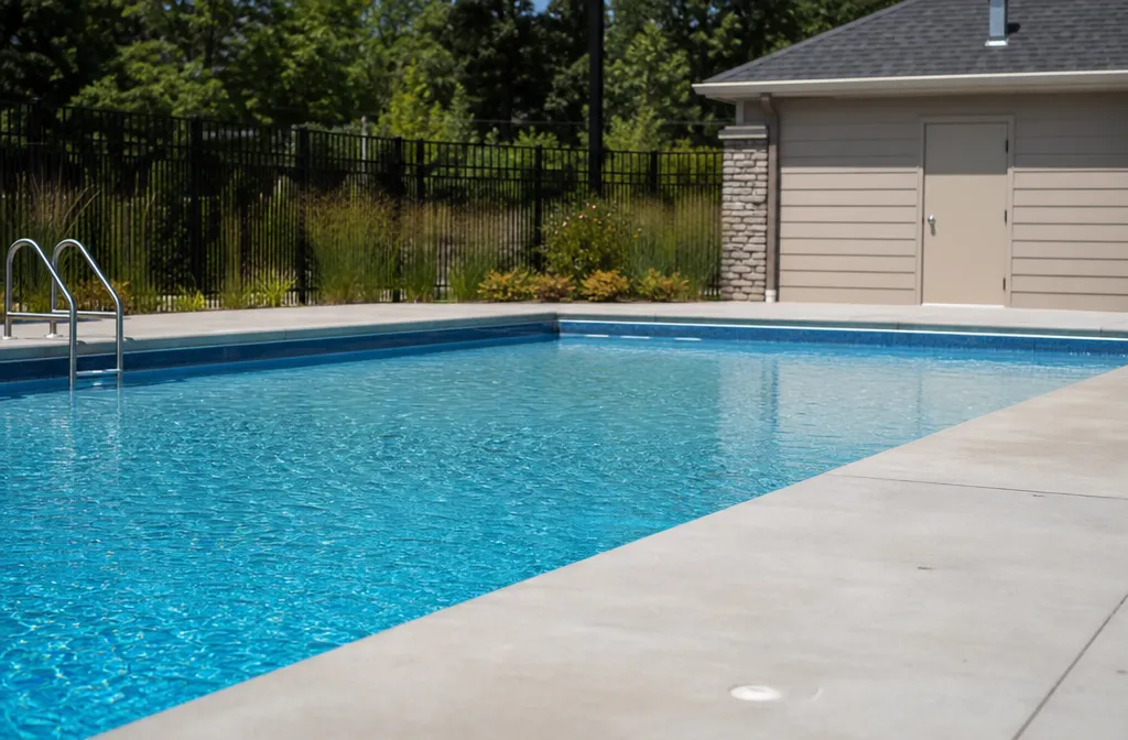 A shared amenity in-ground pool with a wide deck and perimeter fencing, plant-room door closed at one end, nobody present