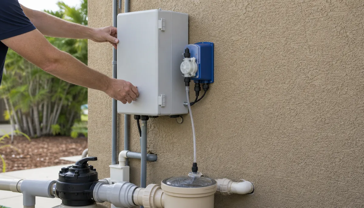 A controller and chemical feeder on a pool equipment wall