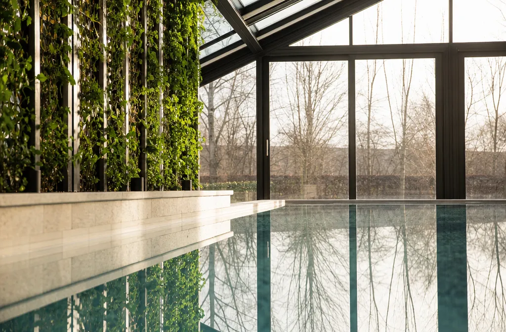 A domestic indoor pool hall with a glazed roof, still water and plant grilles along one wall, winter light outside