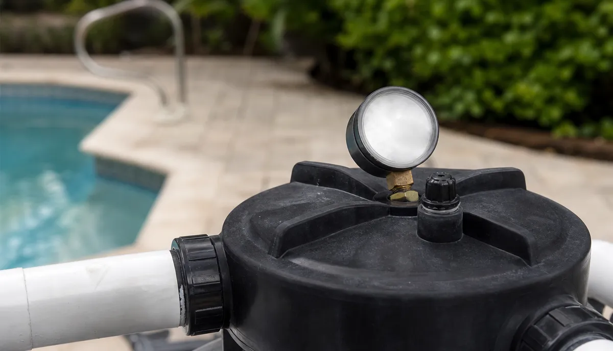 A pool filter pressure gauge and air relief valve