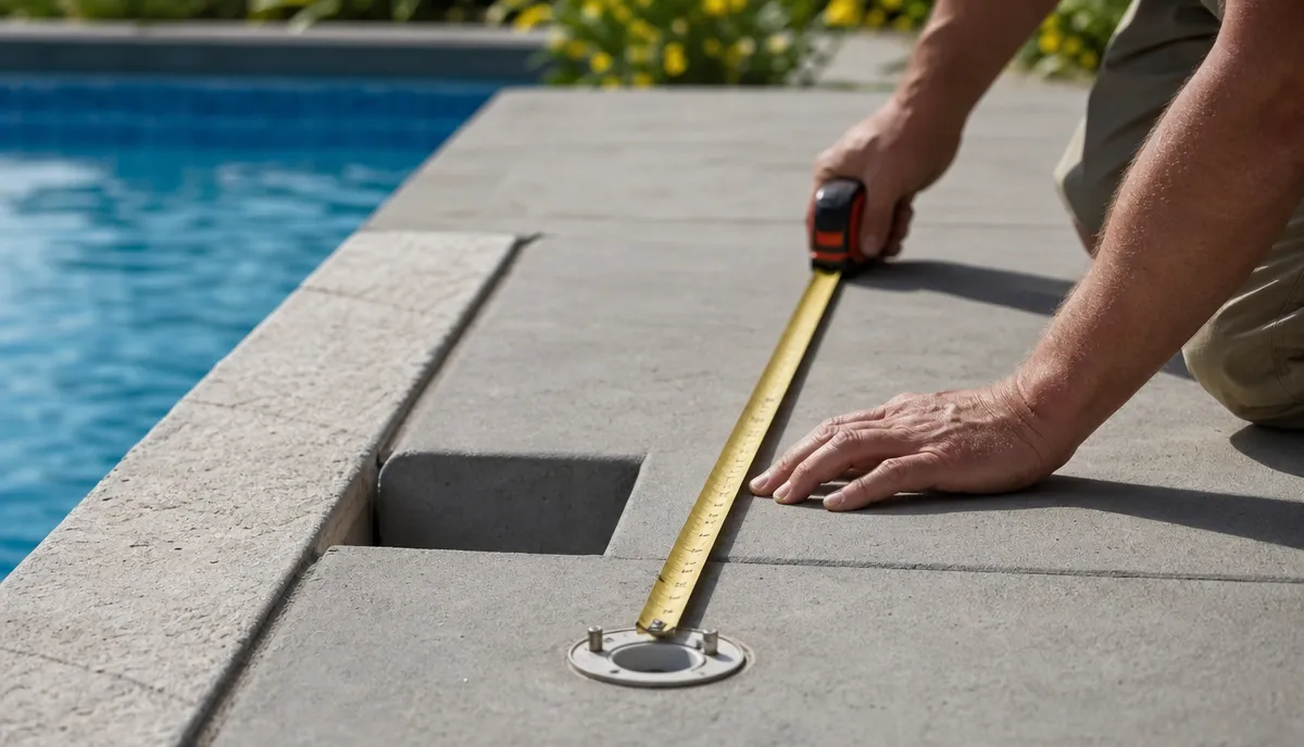 The deck around a pool being measured on the anchor line