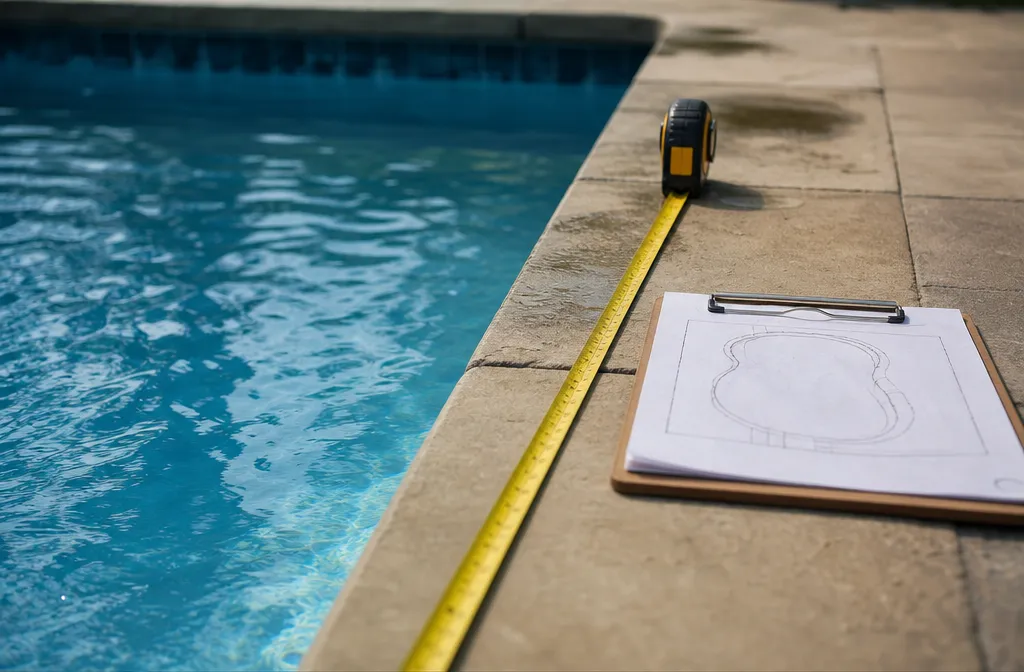 A tape measure laid along a pool deck on the anchor line with a clipboard sketch of the pool resting beside it