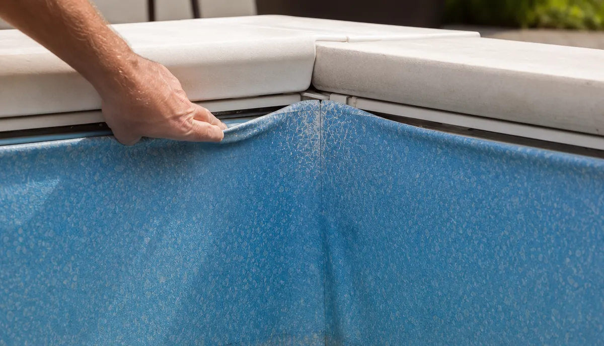 Brittle vinyl at the corner of a pool liner