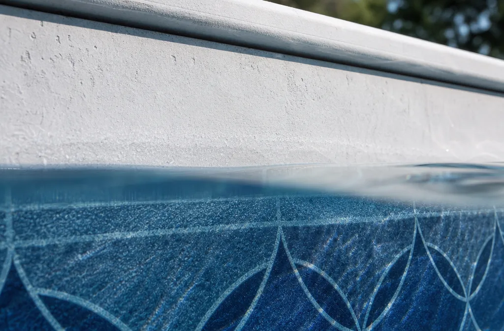 A vinyl pool wall photographed above and below the waterline, the vinyl chalky above and patterned below