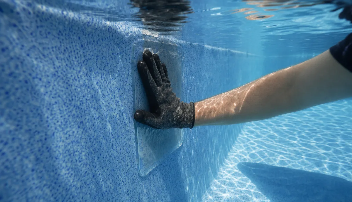 A vinyl liner patch being applied underwater