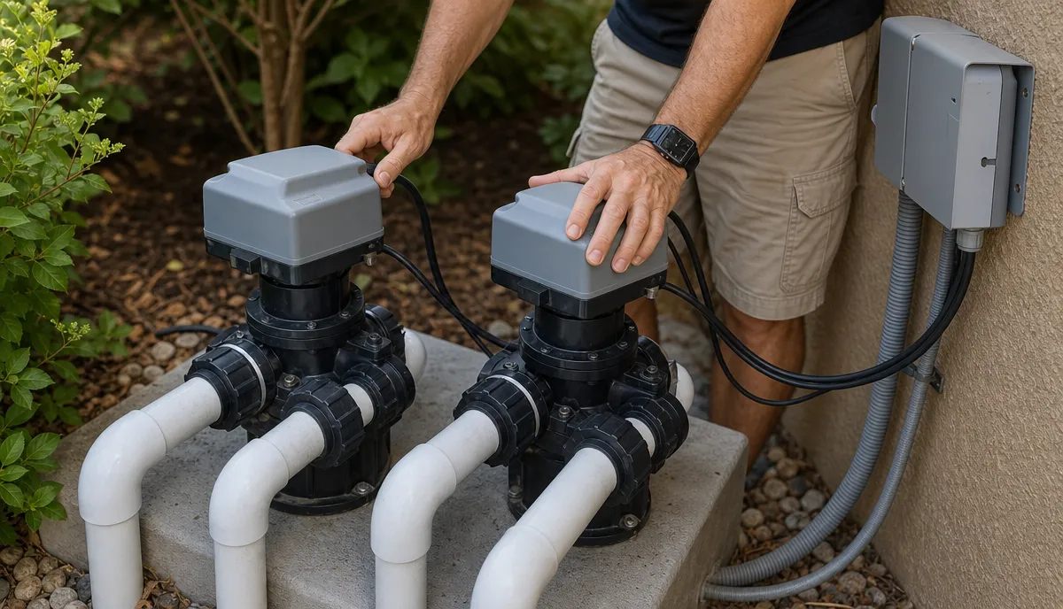Two actuated valves on a pool equipment pad