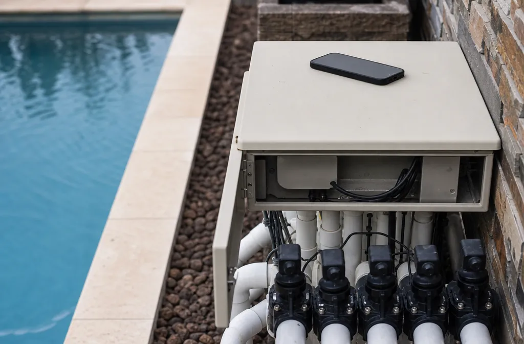 A pool automation enclosure open at the pad with actuated valves below it, a phone lying screen-down on the closed lid