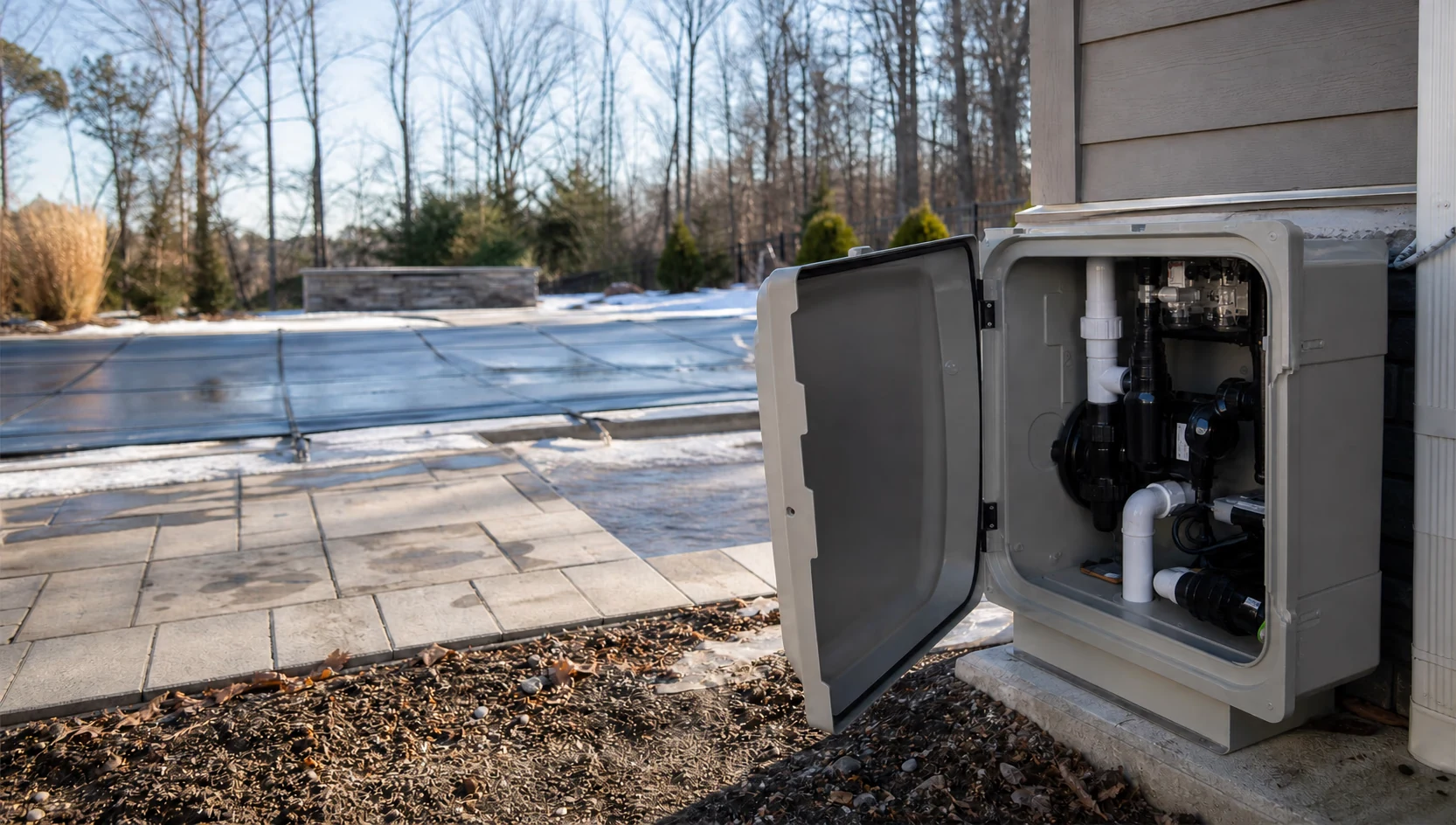 An opened pool automation enclosure at a pad in winter light, the pool behind under a cover