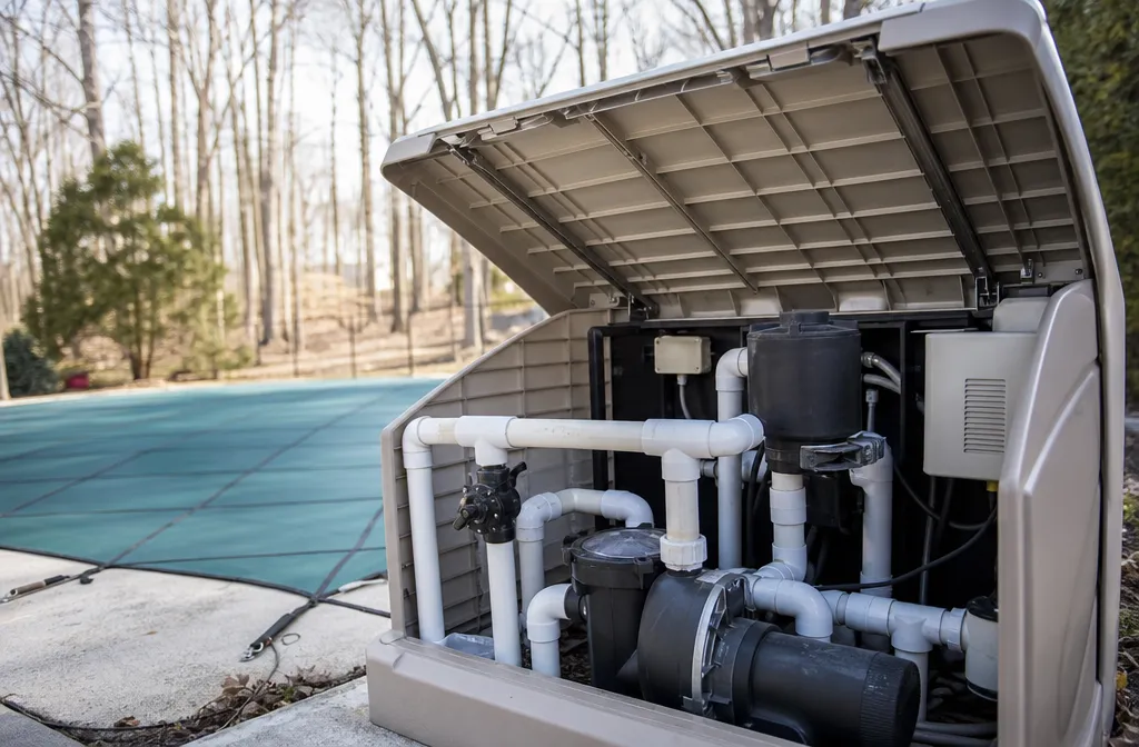 An opened pool automation enclosure at a pad in winter light, the pool behind under a cover