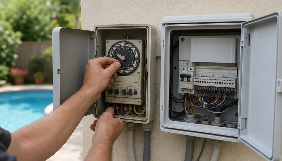 A mechanical time clock and a modern pool controller side by side