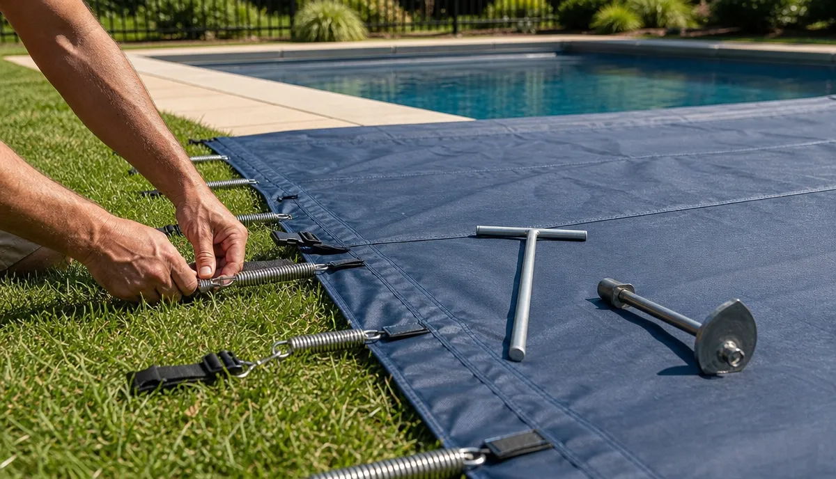A pool safety cover laid out on grass with its hardware beside it