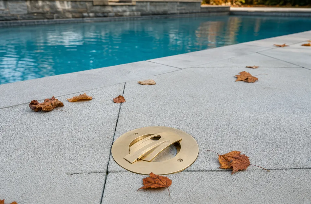A pool deck in autumn with the anchor tool and a raised brass deck anchor in the foreground and the pool beyond