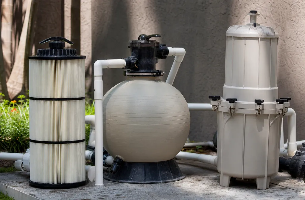 A cartridge filter, a sand filter and a DE filter standing together for comparison