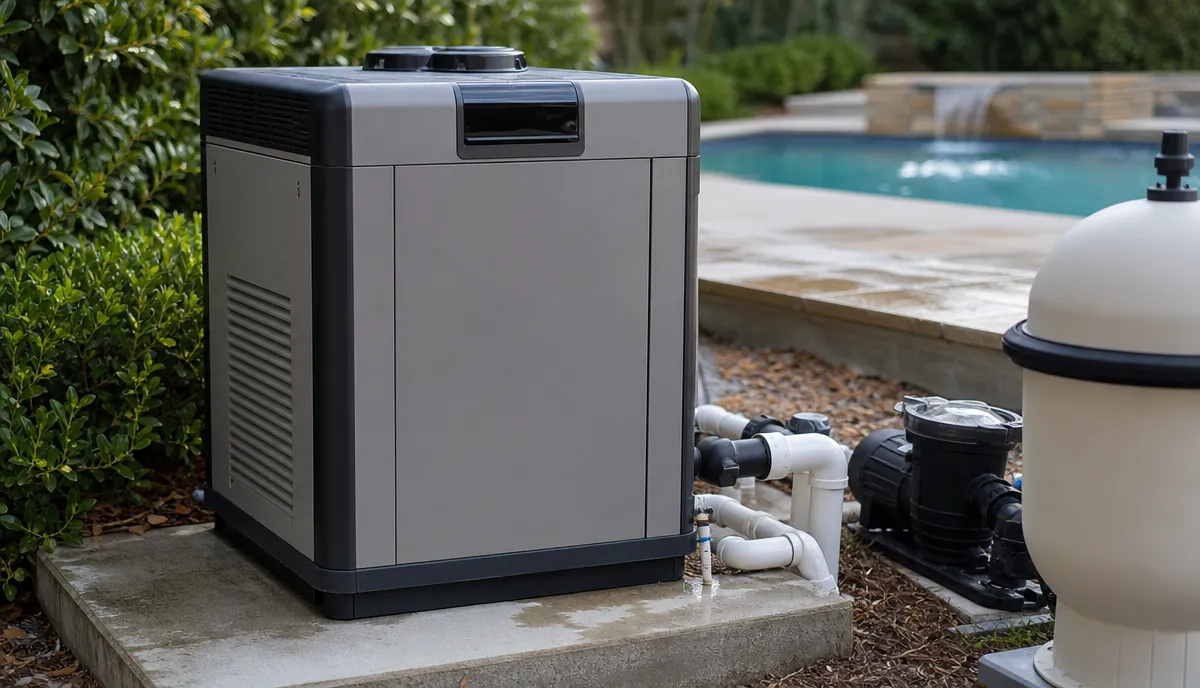 A gas pool heater installed on an equipment pad