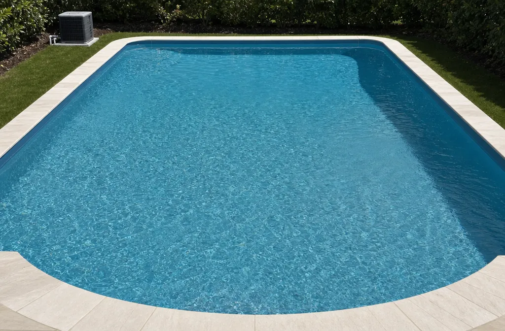A wide in-ground pool seen from a raised viewpoint so the whole water surface fills the frame, a heater small on the pad at one end
