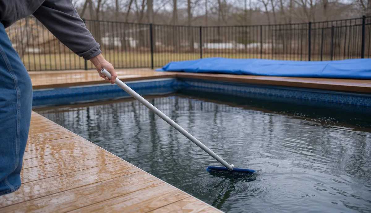 A pool with its cover just removed in spring