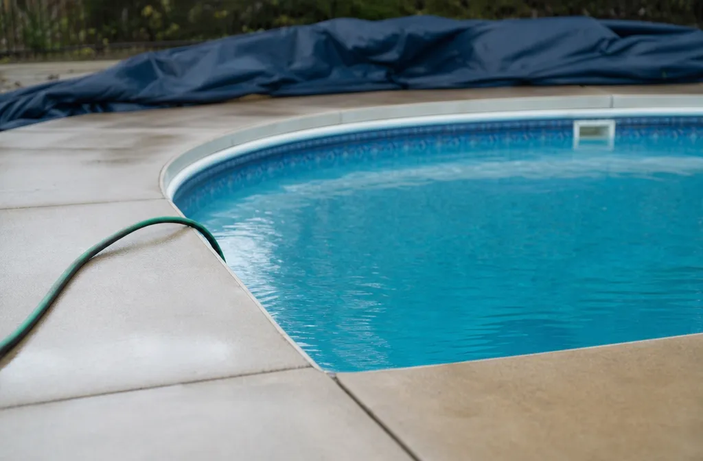 A pool deck in early spring with the cover folded back, a hose running to the pool and the water part-filled