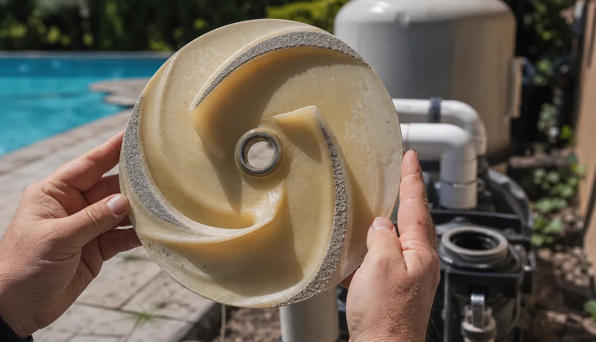A pool pump impeller with cavitation damage to the vane edges