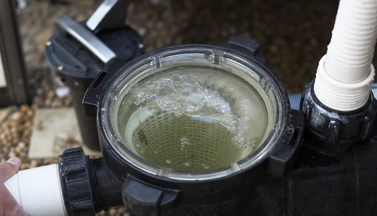 A pool pump strainer pot with air churning at the top of the water