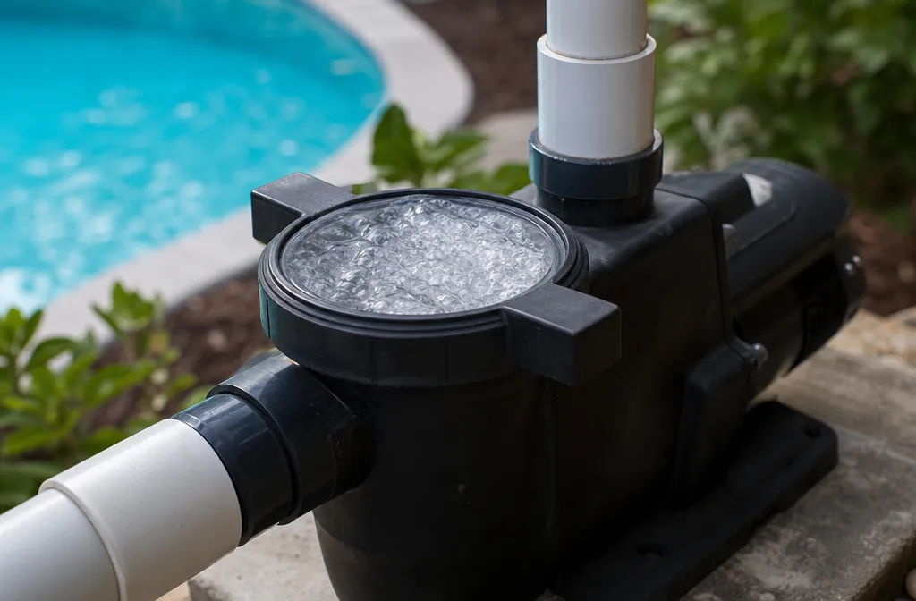 A pool pump running on its pad with air churning visibly in the clear strainer lid