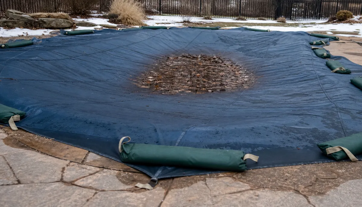 A laid-on winter cover sagging into the pool