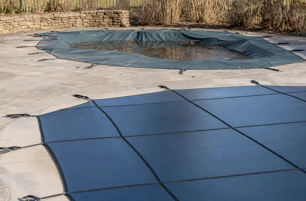 Two pools in one frame, the near under a taut anchored safety cover and the far under a laid-on winter cover sagging into the water, February light
