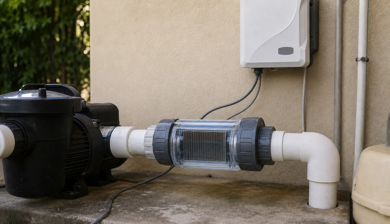 A salt chlorine generator cell in the plumbing
