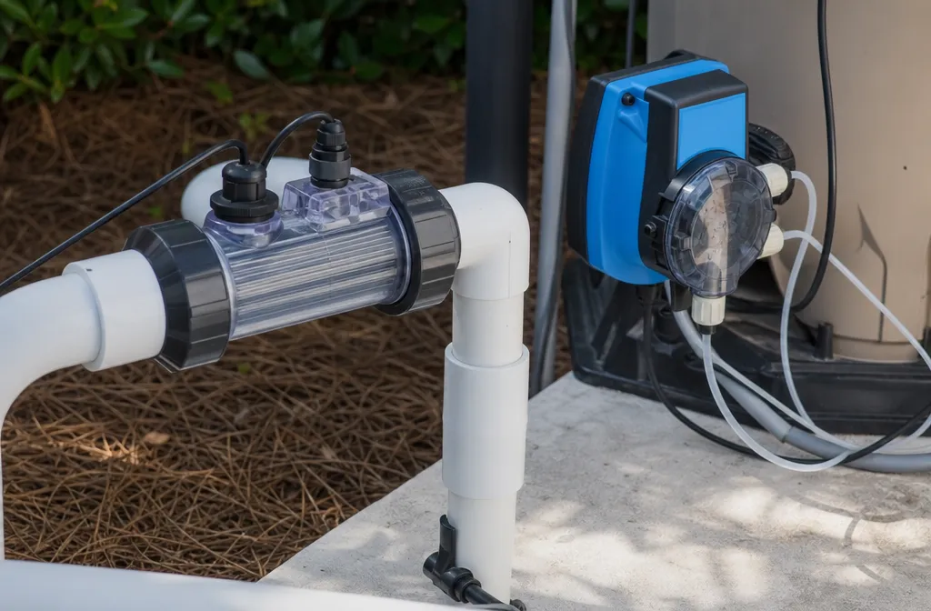 A salt chlorine generator cell in pool plumbing on one side of a pad and a chemical feed pump on the other