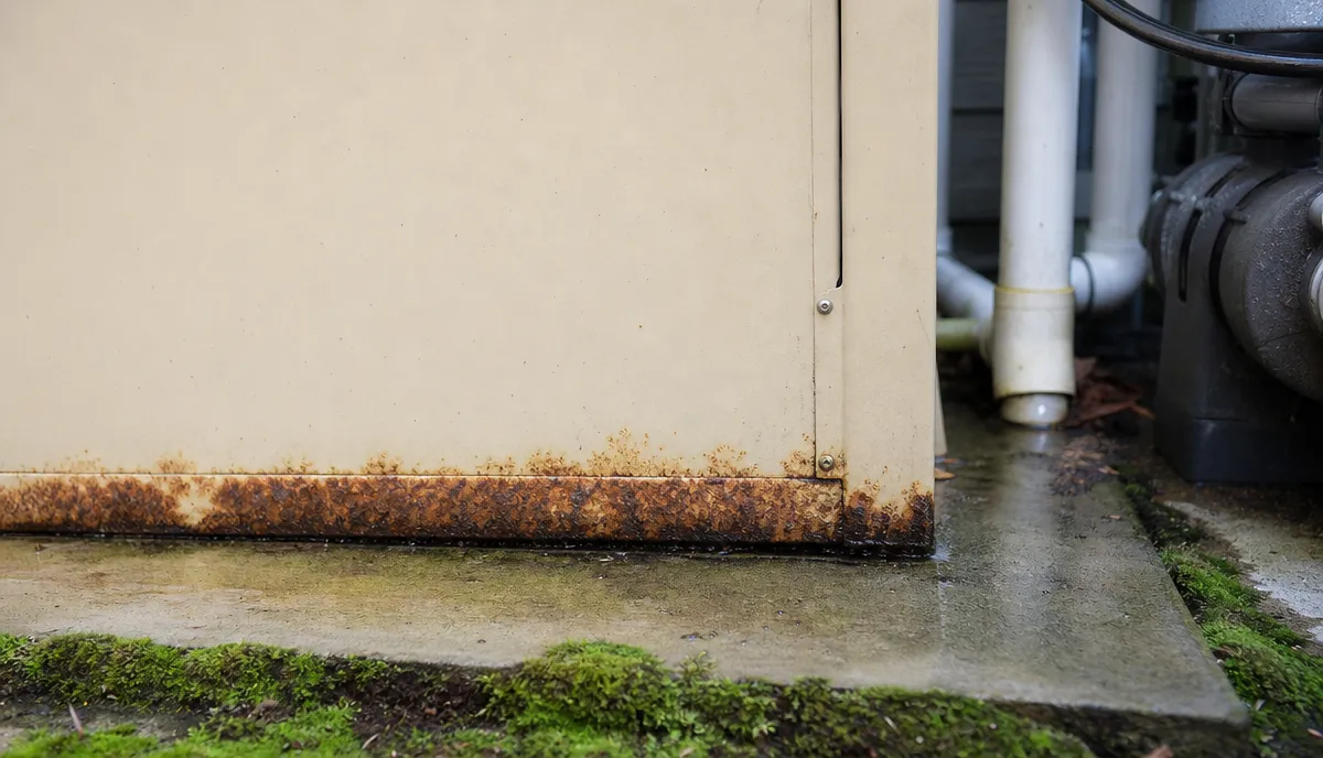 Rust along the base of pool equipment standing on a wet pad